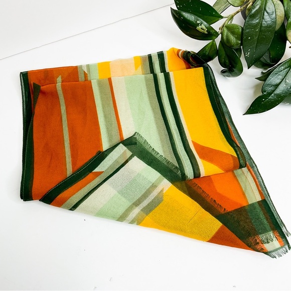 VINTAGE 1970s Striped Scarf Orange Yellow Green | Boho Polyester - Picture 2 of 5